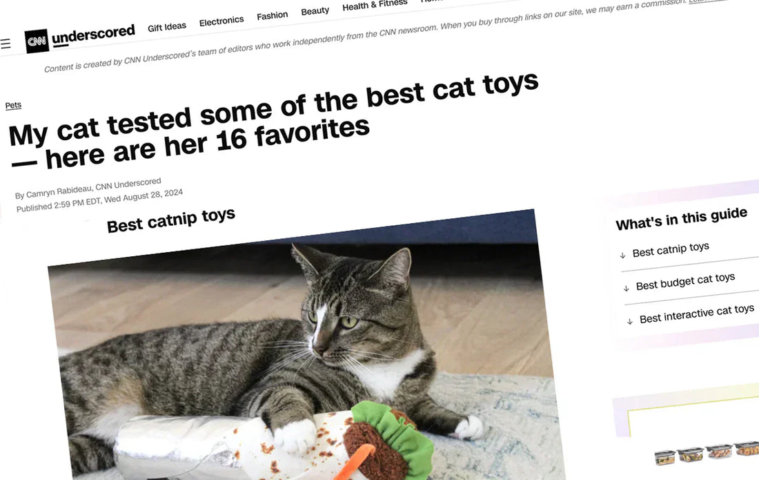 P.L.A.Y.'s beloved Peek-a-Boo Mouse Interactive Cat Toy;Feline Frenzy Sassy Sushi Toy Set&nbsp;and&nbsp;Feline Frenzy Shrimp Purrito Kicker Toy were featured in  CNN Underscored' ;"Best Cat Toys".